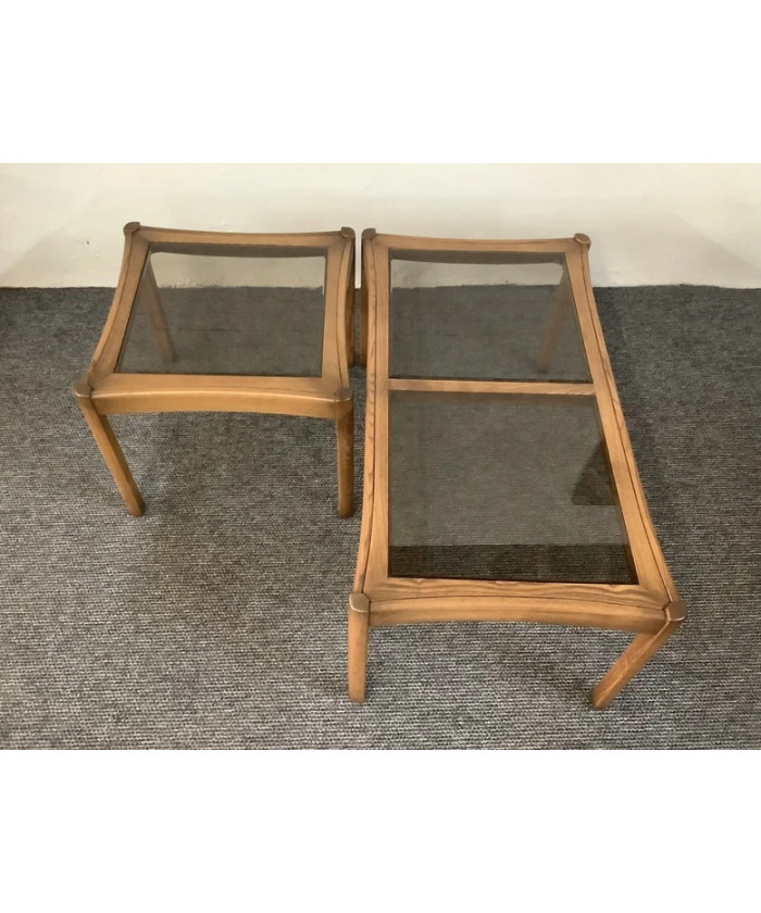 Two Ercol Saville Glass Top Occasional Coffee Tables.