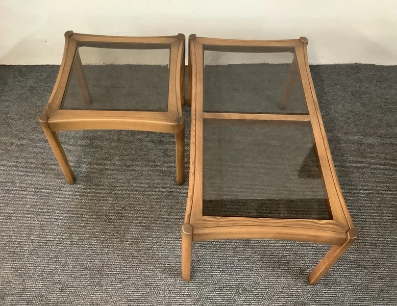 Two Ercol Saville Glass Top Occasional Coffee Tables.