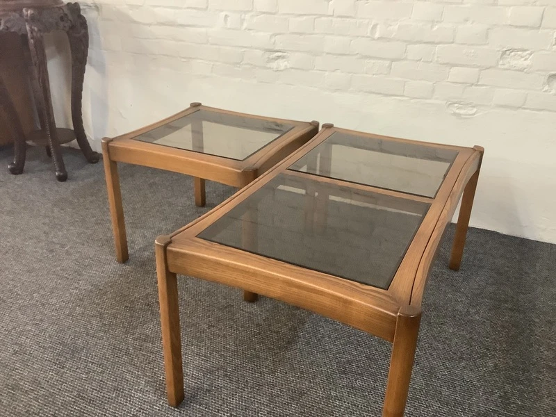 Two Ercol Saville Glass Top Occasional Coffee Tables.