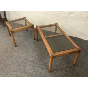 Two Ercol Saville Glass Top Occasional Coffee Tables.