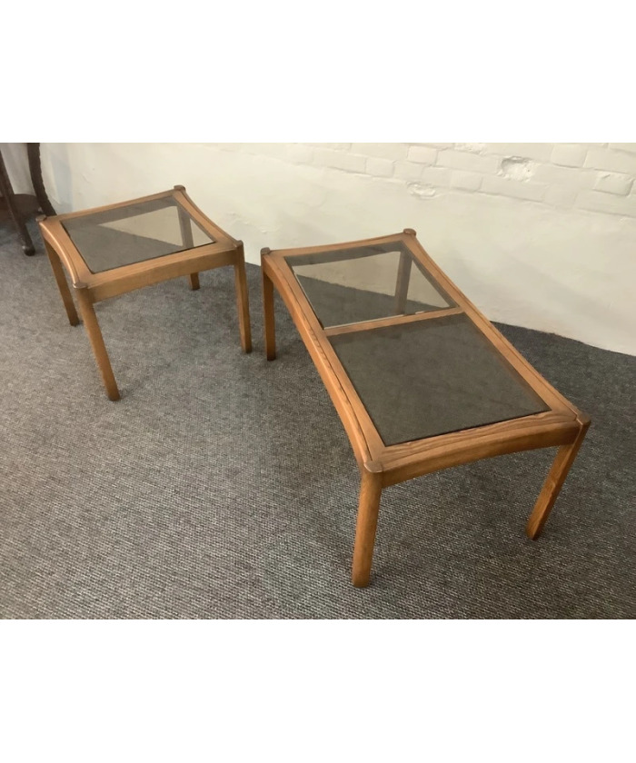 Two Ercol Saville Glass Top Occasional Coffee Tables.
