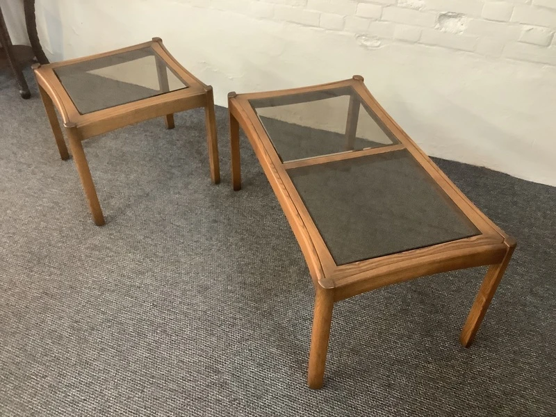 Two Ercol Saville Glass Top Occasional Coffee Tables.