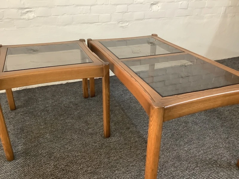 Two Ercol Saville Glass Top Occasional Coffee Tables.