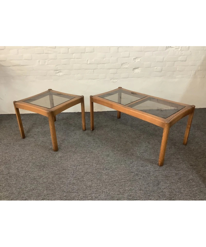 Two Ercol Saville Glass Top Occasional Coffee Tables.