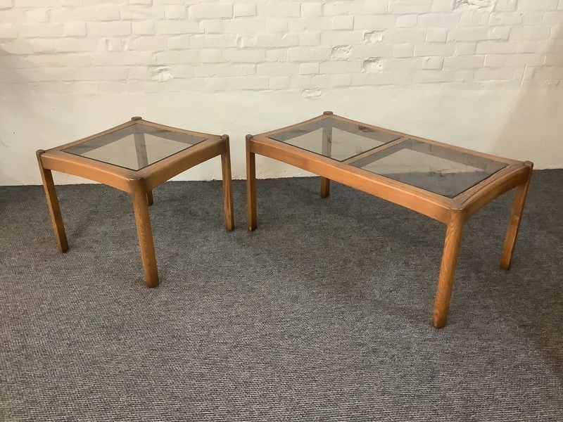 Two Ercol Saville Glass Top Occasional Coffee Tables.