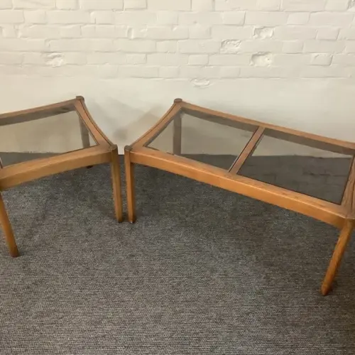 Two Ercol Saville Glass Top Occasional Coffee Tables.