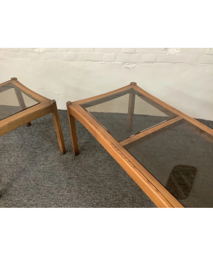 Two Ercol Saville Glass Top Occasional Coffee Tables.