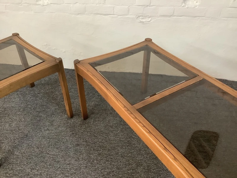 Two Ercol Saville Glass Top Occasional Coffee Tables.