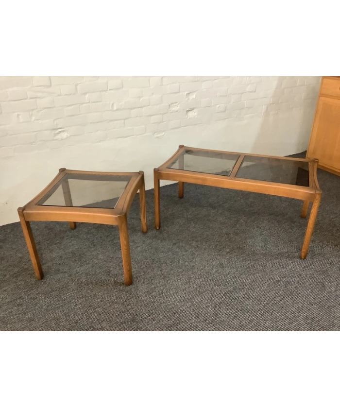 Two Ercol Saville Glass Top Occasional Coffee Tables.
