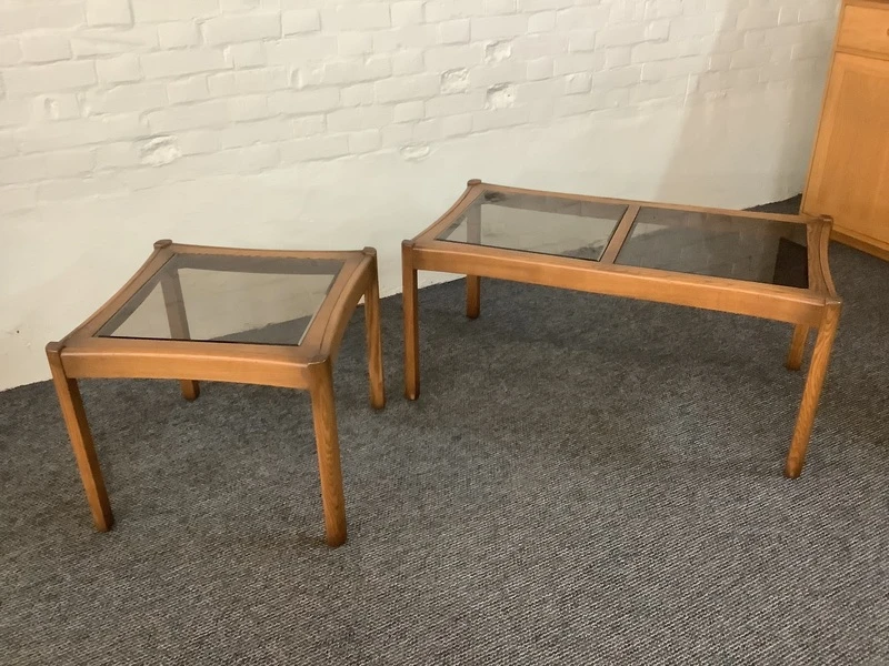 Two Ercol Saville Glass Top Occasional Coffee Tables.
