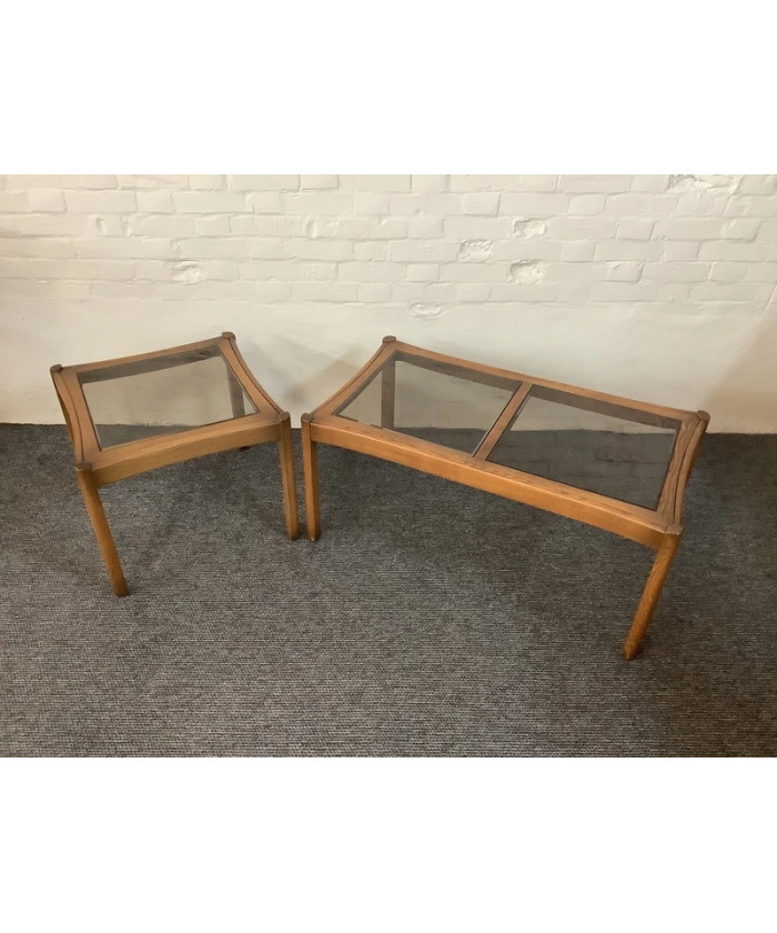 Two Ercol Saville Glass Top Occasional Coffee Tables.