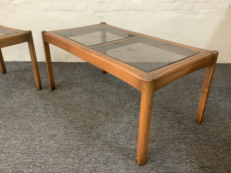 Two Ercol Saville Glass Top Occasional Coffee Tables.