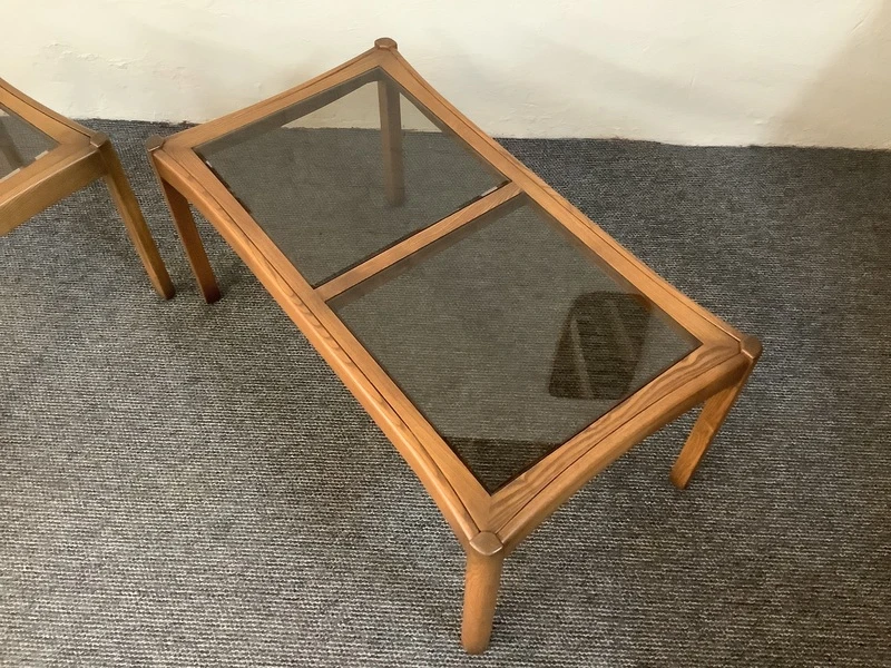 Two Ercol Saville Glass Top Occasional Coffee Tables.