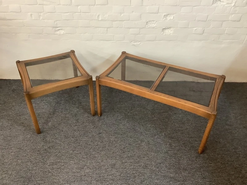 Two Ercol Saville Glass Top Occasional Coffee Tables.