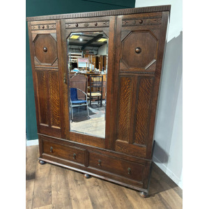 Vintage Oak Panelled Wardrobe With Central Mirror Door