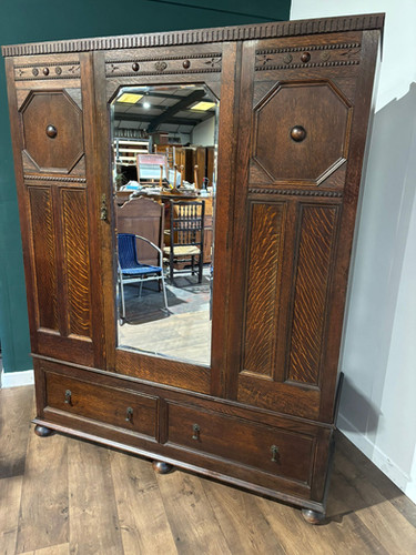 Vintage Oak Panelled Wardrobe With Central Mirror Door