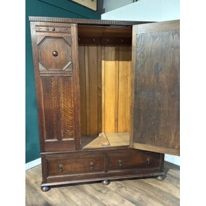 Vintage Oak Panelled Wardrobe With Central Mirror Door