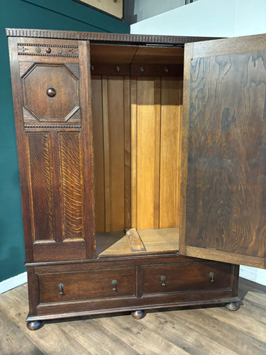 Vintage Oak Panelled Wardrobe With Central Mirror Door