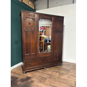 Vintage Oak Panelled Wardrobe With Central Mirror Door
