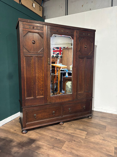 Vintage Oak Panelled Wardrobe With Central Mirror Door