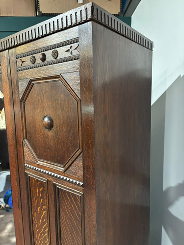 Vintage Oak Panelled Wardrobe With Central Mirror Door