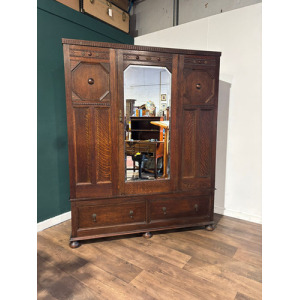 Vintage Oak Panelled Wardrobe With Central Mirror Door
