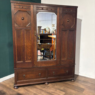 Vintage Oak Panelled Wardrobe With Central Mirror Door