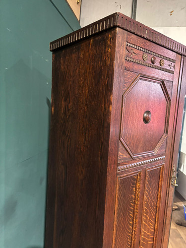 Vintage Oak Panelled Wardrobe With Central Mirror Door