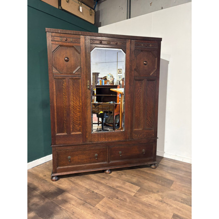 Vintage Oak Panelled Wardrobe With Central Mirror Door