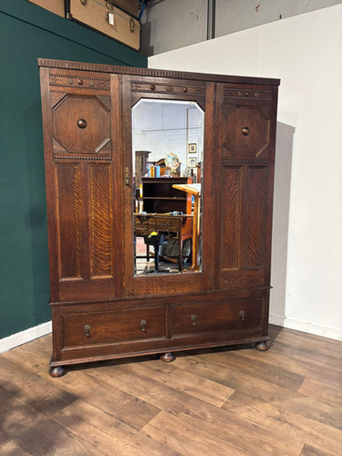 Vintage Oak Panelled Wardrobe With Central Mirror Door