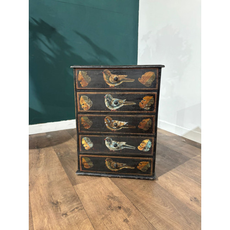 Vintage Oriental Style 5 Drawer Chest Decorated With Birds