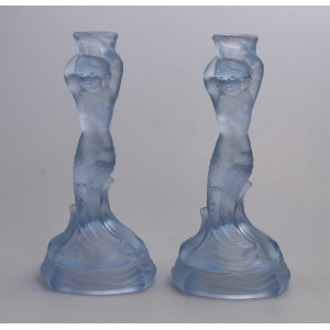 A pair Art Deco glass Walther & Sohne blue Mermaid Nymphen Candlesticks C.1930's
