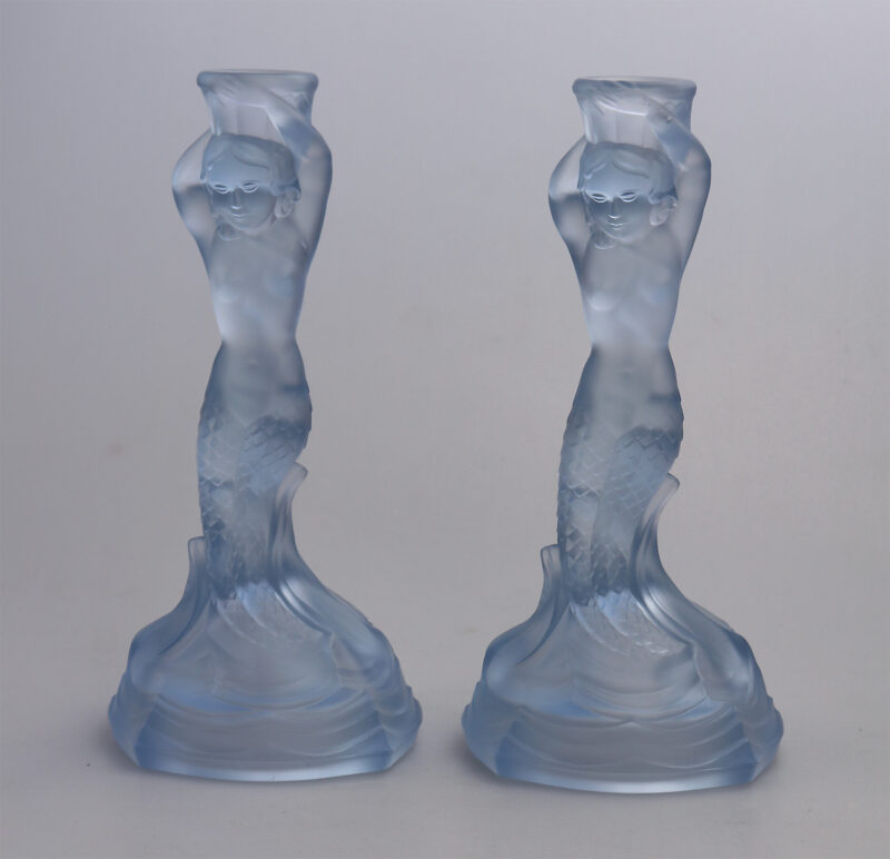 A pair Art Deco glass Walther & Sohne blue Mermaid Nymphen Candlesticks C.1930's