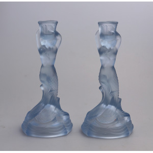 A pair Art Deco glass Walther & Sohne blue Mermaid Nymphen Candlesticks C.1930's