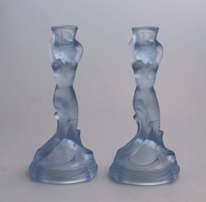 A pair Art Deco glass Walther & Sohne blue Mermaid Nymphen Candlesticks C.1930's