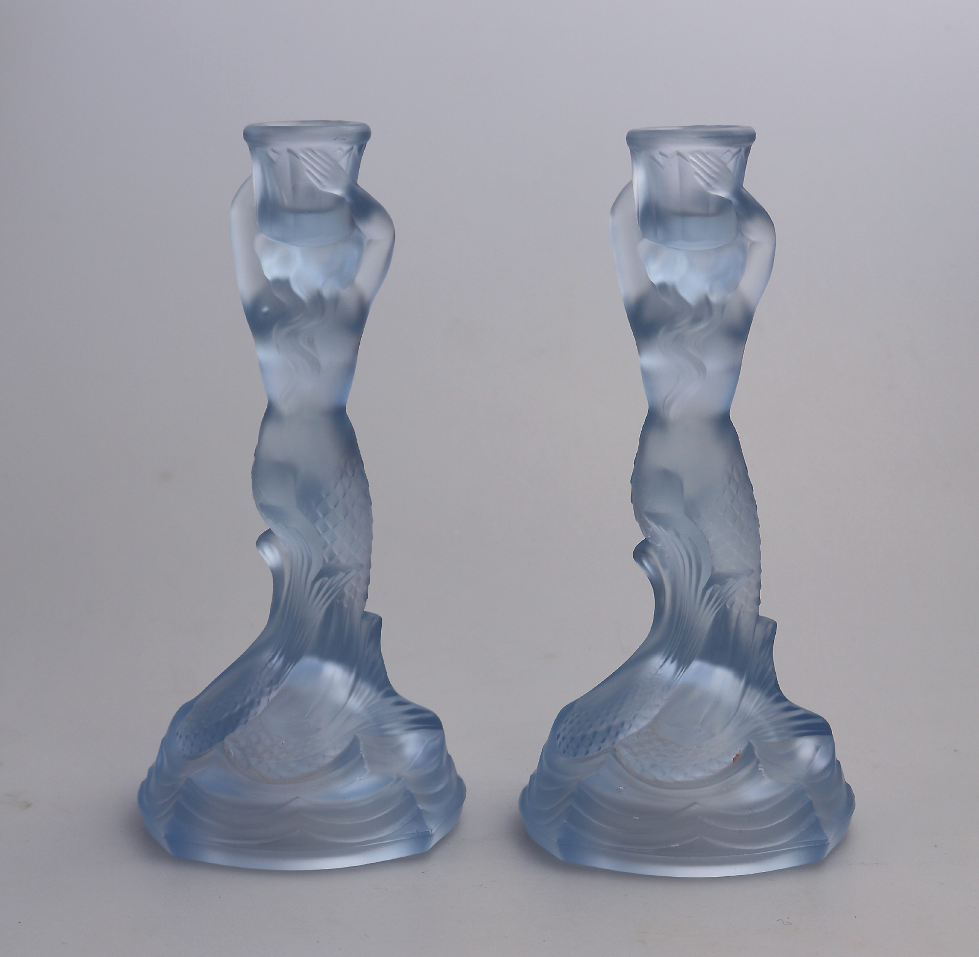 A pair Art Deco glass Walther & Sohne blue Mermaid Nymphen Candlesticks C.1930's