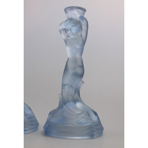 A pair Art Deco glass Walther & Sohne blue Mermaid Nymphen Candlesticks C.1930's