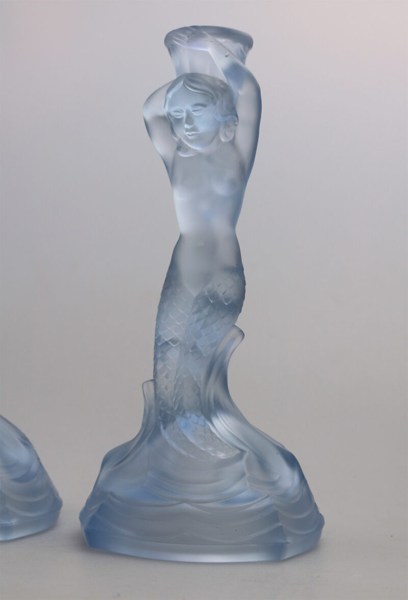A pair Art Deco glass Walther & Sohne blue Mermaid Nymphen Candlesticks C.1930's