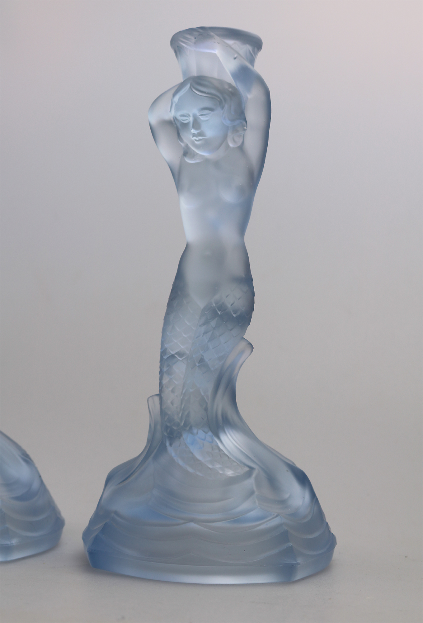 A pair Art Deco glass Walther & Sohne blue Mermaid Nymphen Candlesticks C.1930's