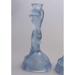 A pair Art Deco glass Walther & Sohne blue Mermaid Nymphen Candlesticks C.1930's