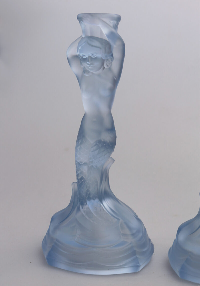 A pair Art Deco glass Walther & Sohne blue Mermaid Nymphen Candlesticks C.1930's