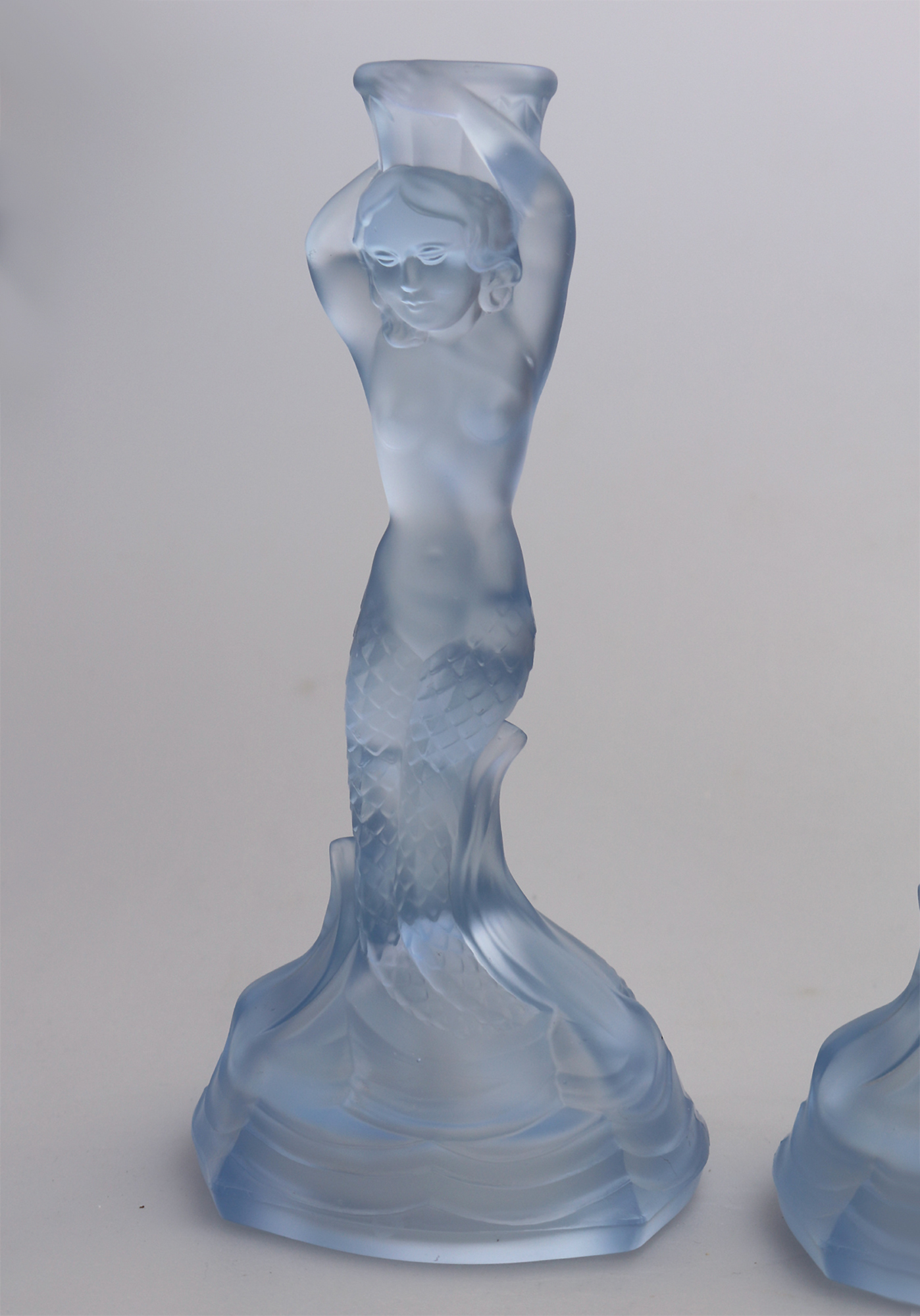 A pair Art Deco glass Walther & Sohne blue Mermaid Nymphen Candlesticks C.1930's