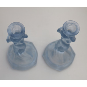 A pair Art Deco glass Walther & Sohne blue Mermaid Nymphen Candlesticks C.1930's