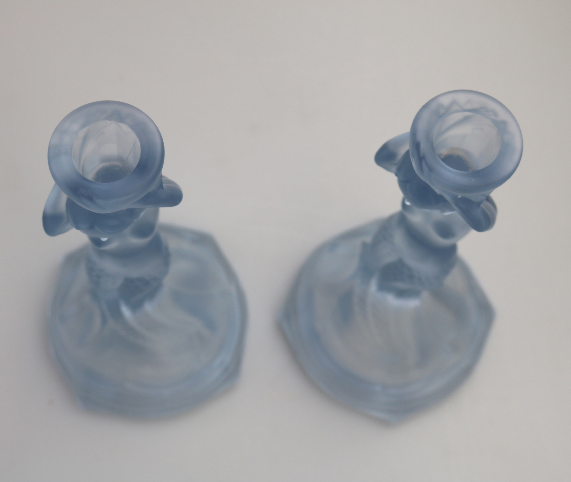 A pair Art Deco glass Walther & Sohne blue Mermaid Nymphen Candlesticks C.1930's