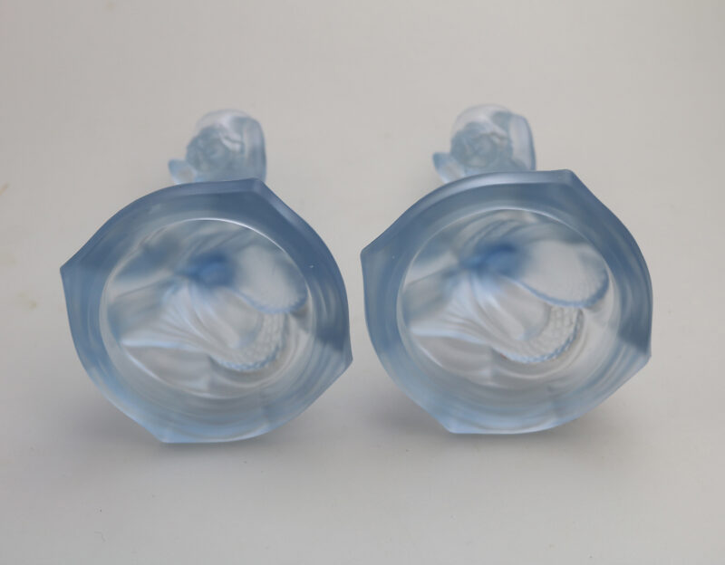 A pair Art Deco glass Walther & Sohne blue Mermaid Nymphen Candlesticks C.1930's