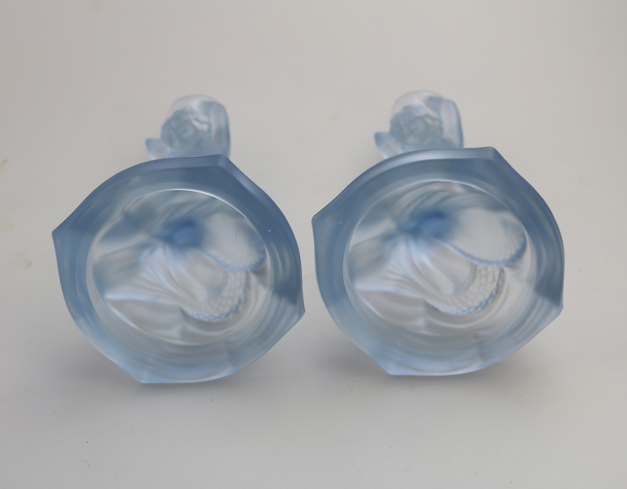 A pair Art Deco glass Walther & Sohne blue Mermaid Nymphen Candlesticks C.1930's