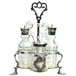 A fine antique silver plate Warwick type cut glass 5 bottle Cruet Stand C.1863