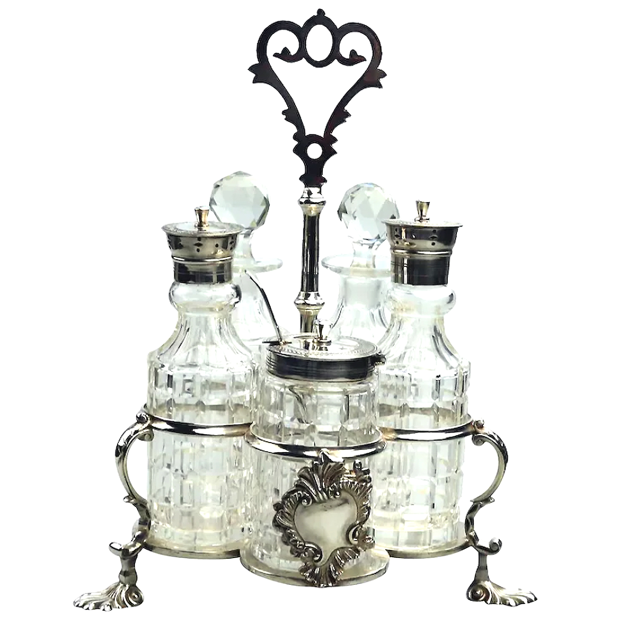A fine antique silver plate Warwick type cut glass 5 bottle Cruet Stand C.1863