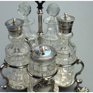 A fine antique silver plate Warwick type cut glass 5 bottle Cruet Stand C.1863