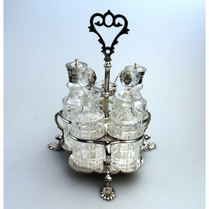 A fine antique silver plate Warwick type cut glass 5 bottle Cruet Stand C.1863